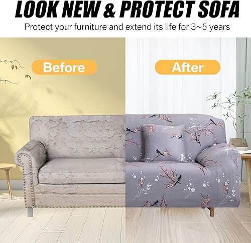Miniatura 4 de Neween Fundas para sofás, Funda de sofá estampada lavable, funda de sofá suave para sofá de 2 asientos y sofá biplaza (ramas de flores gris)