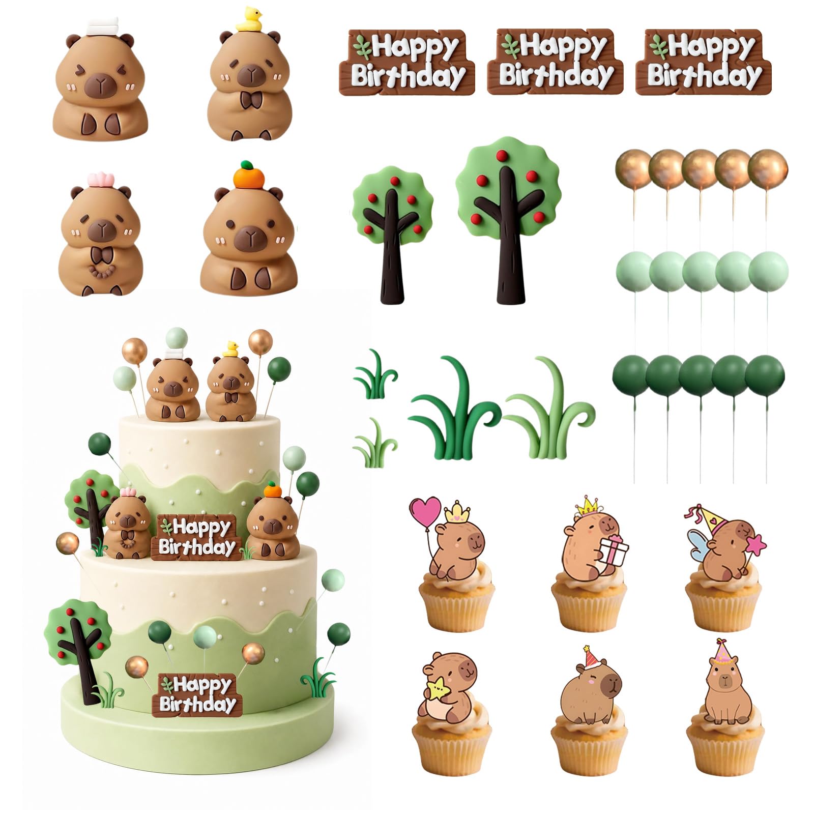 52Pcs Capybara Cake Topper, Cute Capybara Birthday Cake Decorations Set with Figurines & Ornaments for Jungle Animal Themed Party Supplies