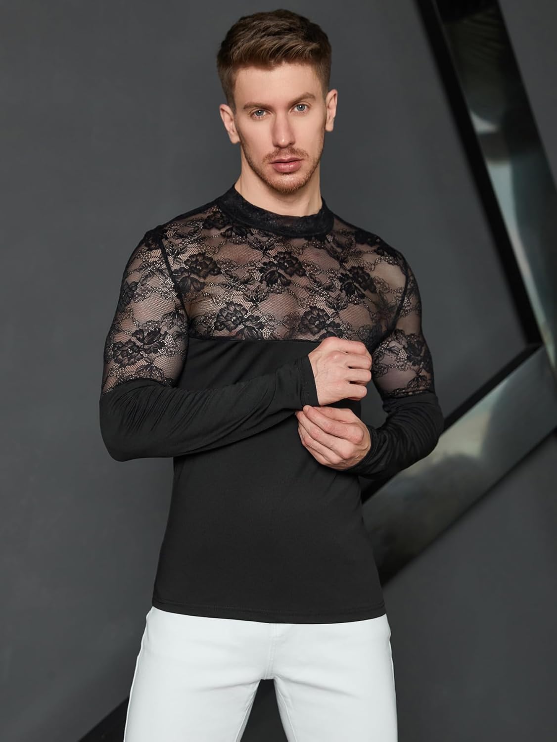 WDIRARA Men's See Through Floral Lace Mock Neck Long Sleeve Casual Tee Shirt Top - Image 4