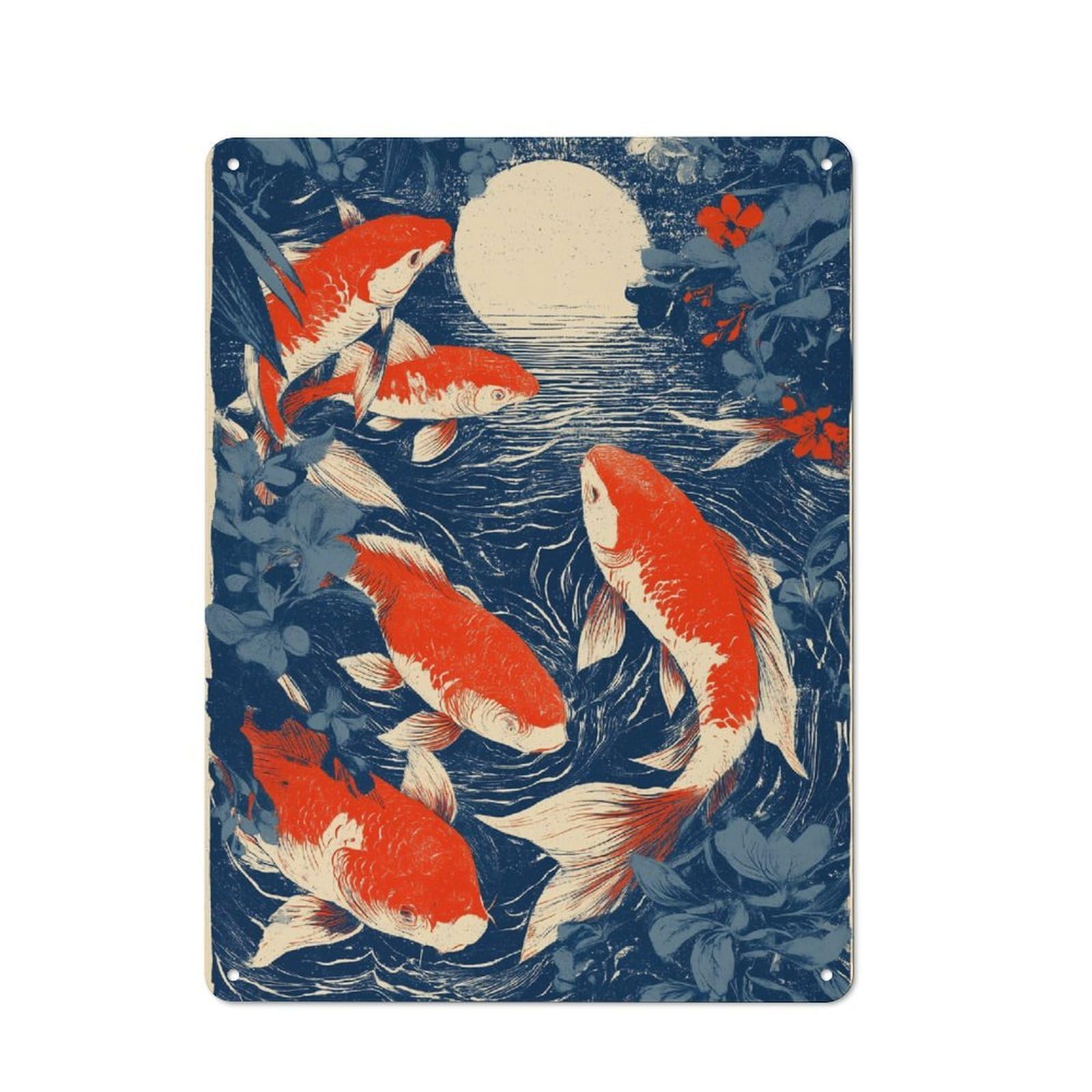 Junmoney Koi Moonlit Dance Vintage-Inspired Tin Sign 40X30cm For Café Or Restaurant, For Cooler-Month Interiors With Vintage Character