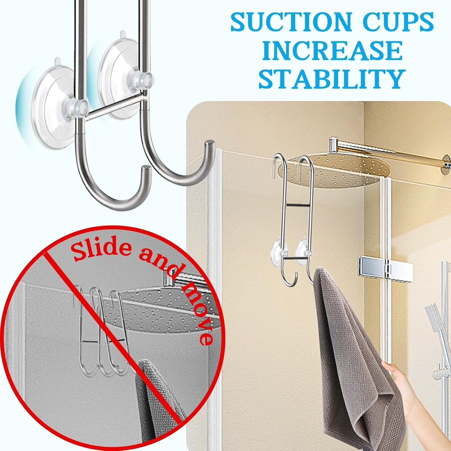 Shower Door Towel Hooks - 9"~13" Length Adjustable Hook for Frameless Over The Door Glass, Squeegee Holder, Towel Hanger for Bath Suits Rozer Robes Loofahs Shavers, Stainless Steel, 2-Pack, Silver