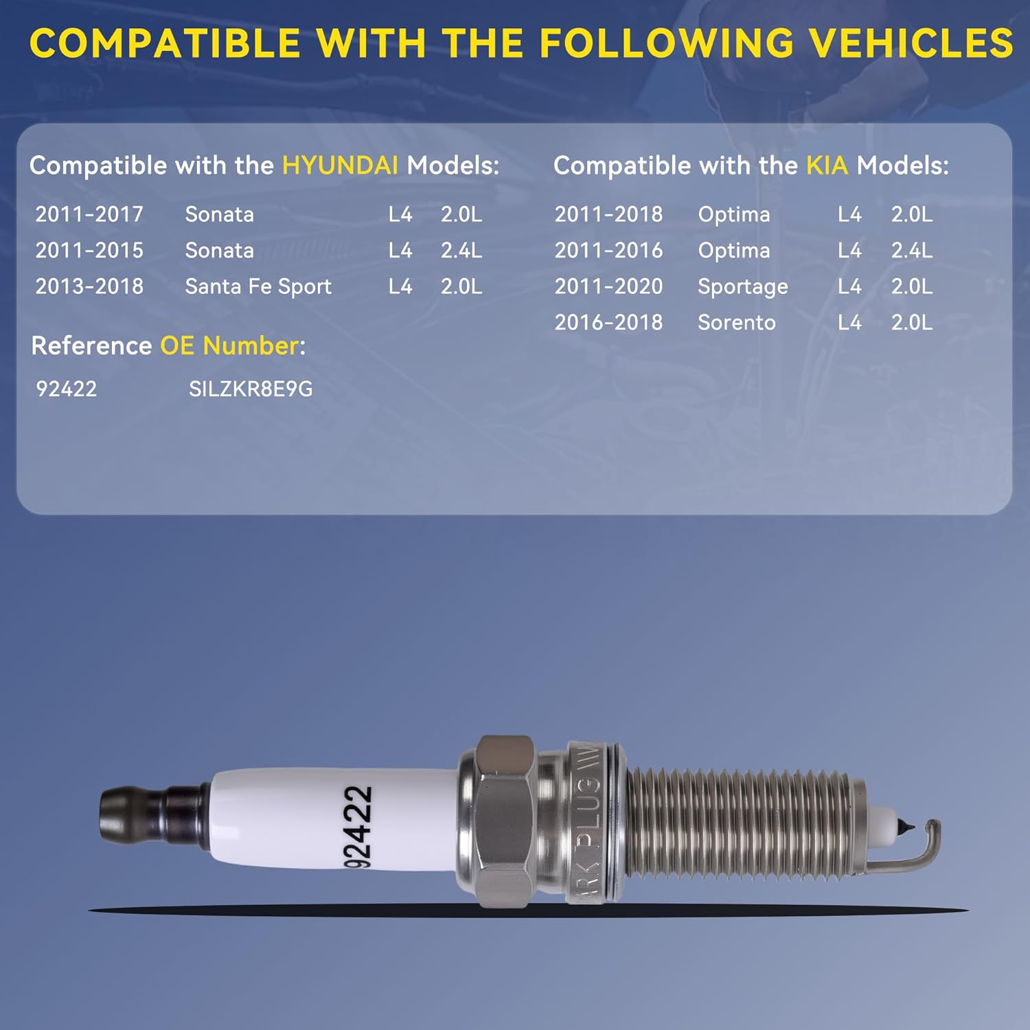 Iridium Platinum Spark Plugs 92422 Compatible with Hyundai 2011-2017 Sonata 2013-2018 Sonata FE Sport Kia 2011-2018 Optima 2011-2020 Sportage L4 2.0L 2.4L Replacement for SILZKR8E9G Pack of 4