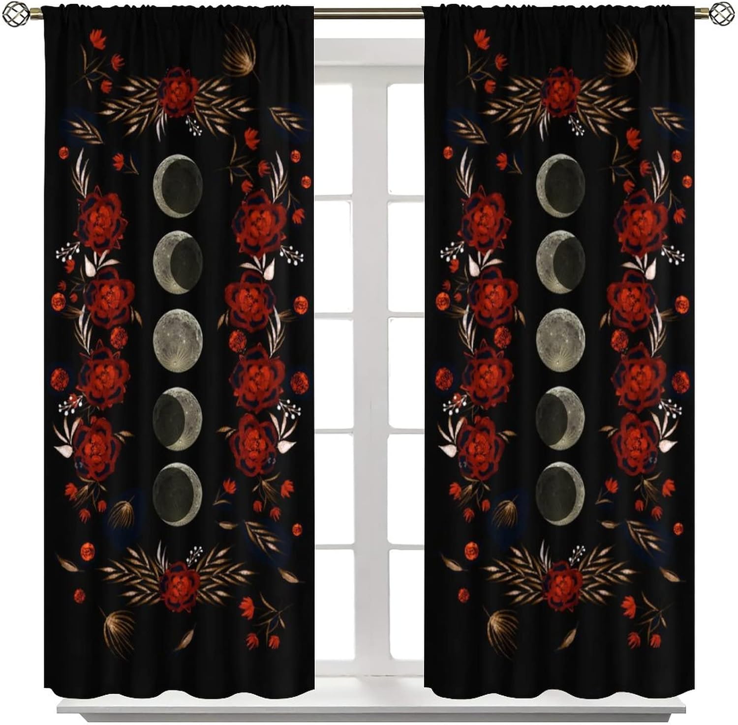Moon Floral Curtains Black Flower Wildflower Phase Moonlit Garden Boho Spring Vines Nature 2 Panel Window Treatment Set for Bedroom Living Room Decor 55x63 Inch Blackout
