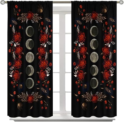Miniatura 3 de Cortinas florales de luna, flores negras, fase de flores silvestres, luz de luna, jardín, bohemio, primavera, vides, naturaleza, juego de 2 paneles