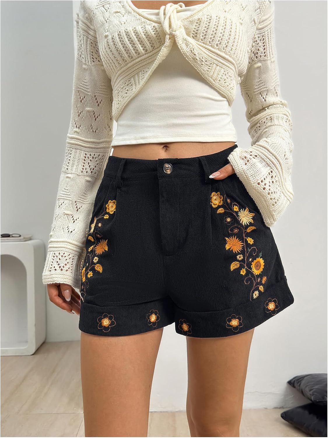 SHENHE Women's Corduroy Floral Embroidered Shorts Wide Leg Shorts