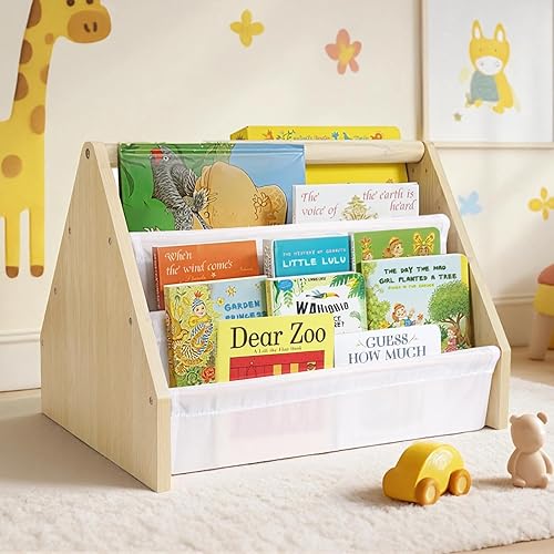 Miniatura 1 de 19" Toddler Bookshelf, 6-Tier Double-Sided Kids Bookshelf, Montessori Bookcase for Toddlers with Deep Fabric Pockets, Natural Wooden Toy Storage