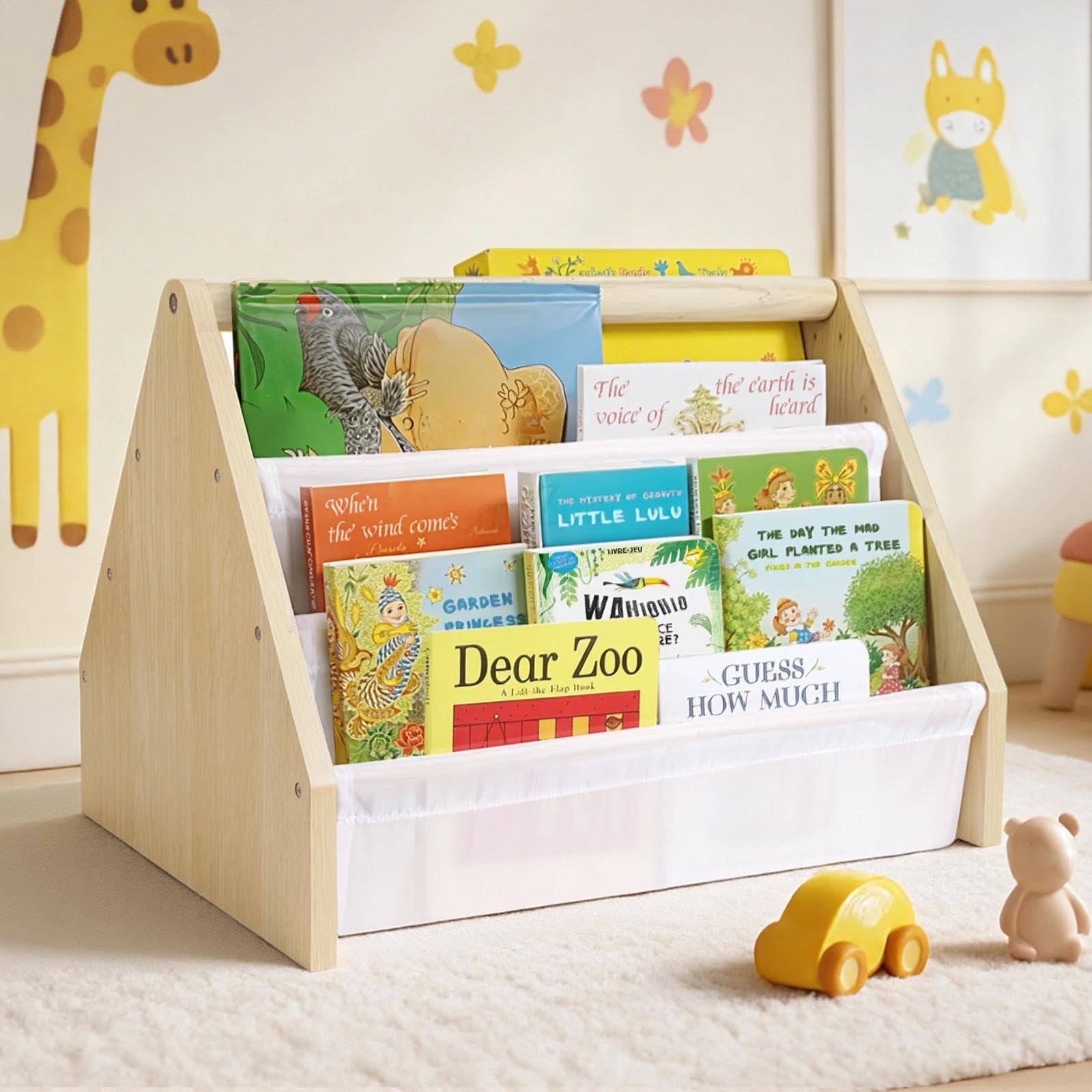 19" Toddler Bookshelf, 6-Tier Double-Sided Kids Bookshelf, Montessori Bookcase for Toddlers with Deep Fabric Pockets, Natural Wooden Toy Storage Organizer for Nursery or Playroom