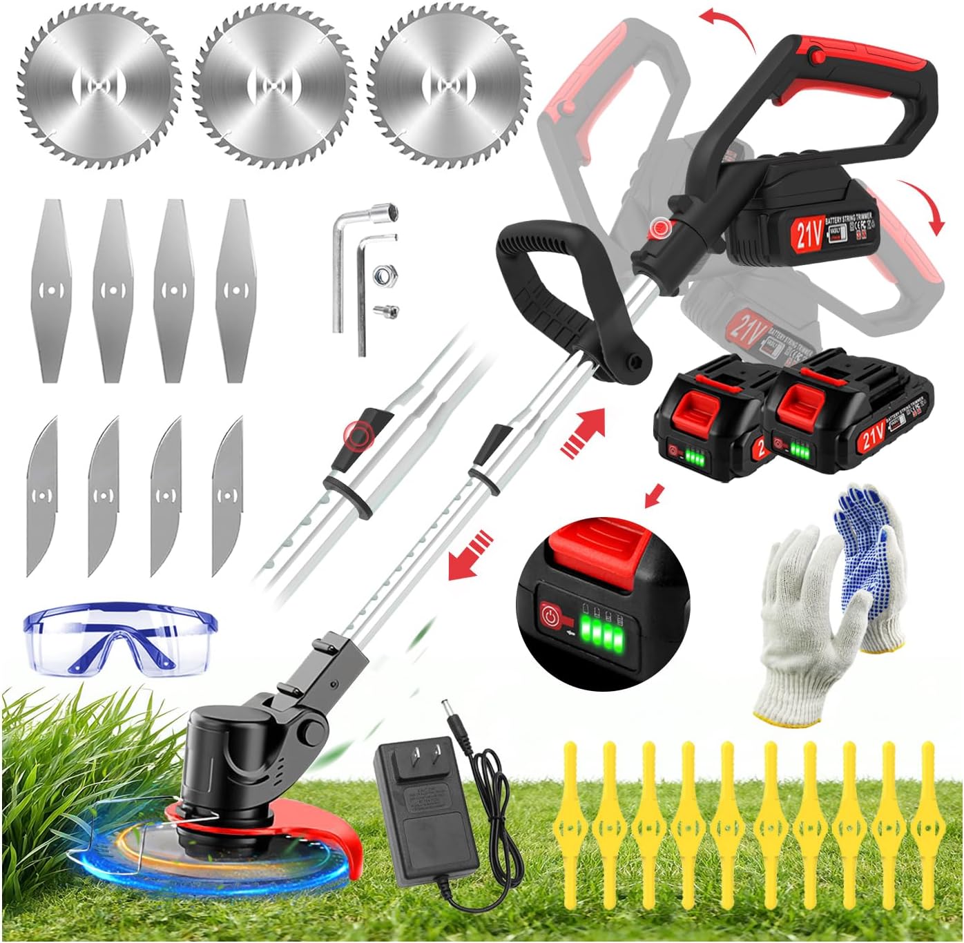 21V Electric Weed Wacker Cordless Electric Weed Wacker Eater with 2 * 4.0Ah Batteries & Charger Lightweight Grass Trimmer Weed Cutter Suitable for Garden & Yard Lawn Care