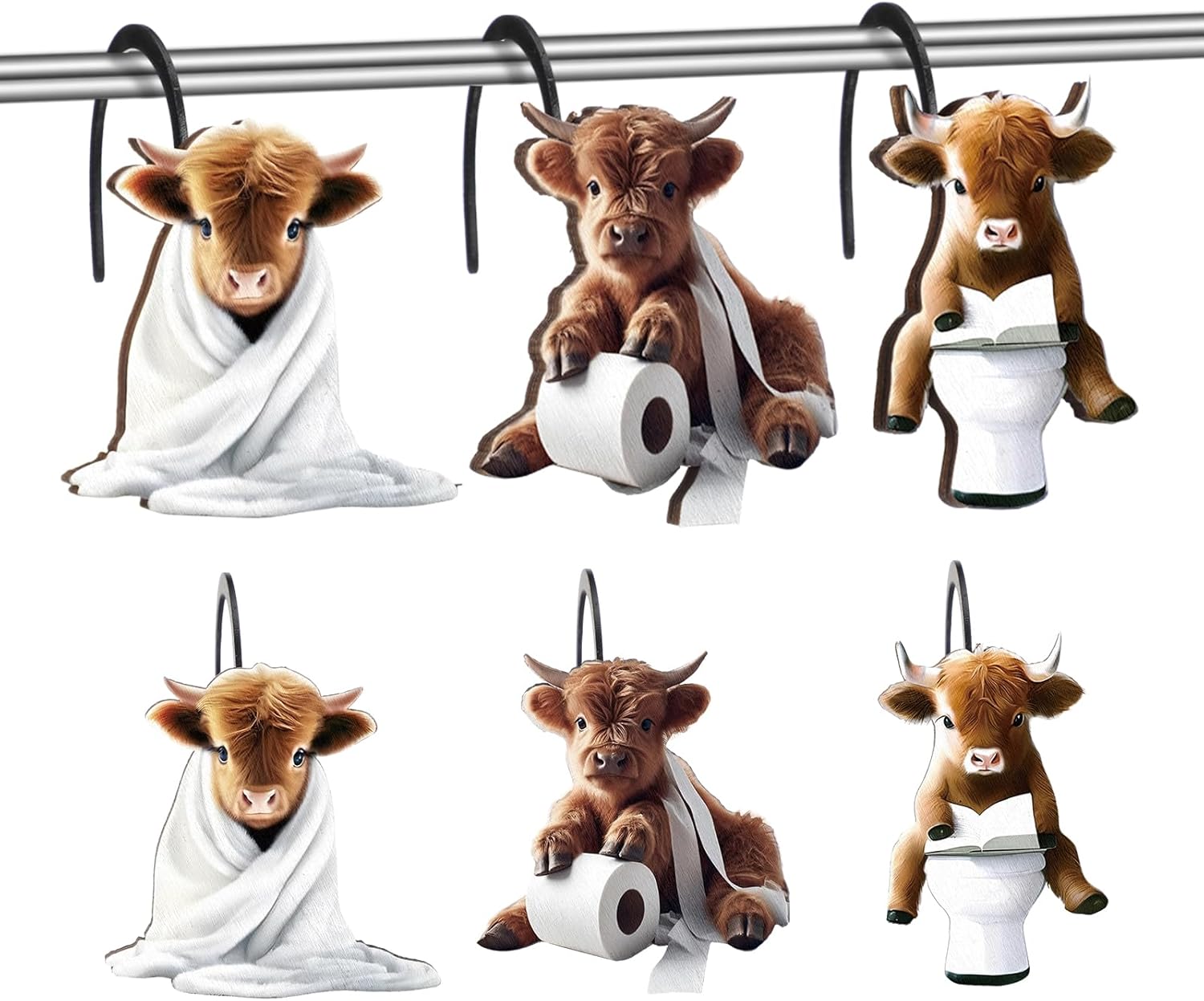 Sawysine 12 Pcs Highland Cow Shower Curtain Hooks Set Wood Decorative Highland Cow Bathroom Decor Rustic Farmhouse Western Cute Shower Curtain Hangers for Bathroom Bedroom Living Room