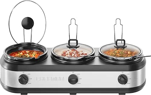 Chefman Triple Slow Cooker & Food Warmer, Three Crock Slowcooker