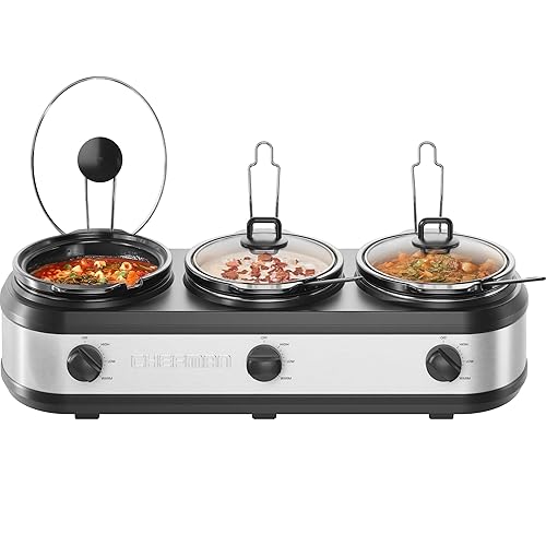 Chefman Triple Slow Cooker & Food Warmer, Three Crock Slowcooker