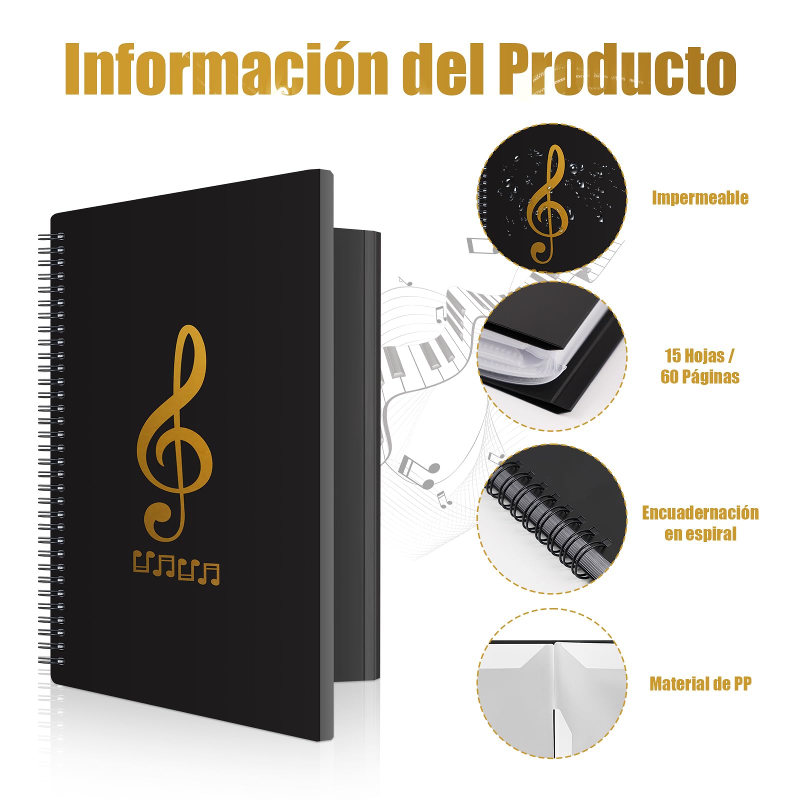 Irich Carpeta de notas musicales A4, carpeta de 15 bolsillos/60 páginas para partituras, impermeable y plegable, carpeta de notas desplegable en negro, carpeta de registro para documentos, papel