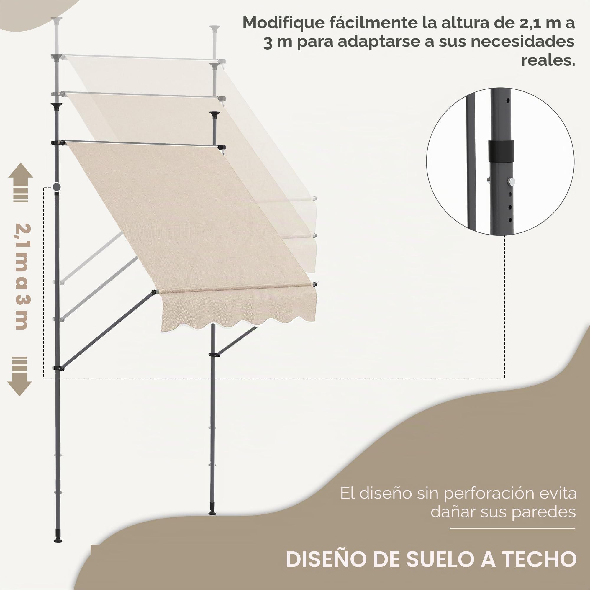 Outsunny - Toldo autoportante manual retráctil 1,5L x 1,2l x 2,1-3H m, inclinación ajustable para balcón sin necesidad de perforar, metal de aluminio y poliéster, color arena