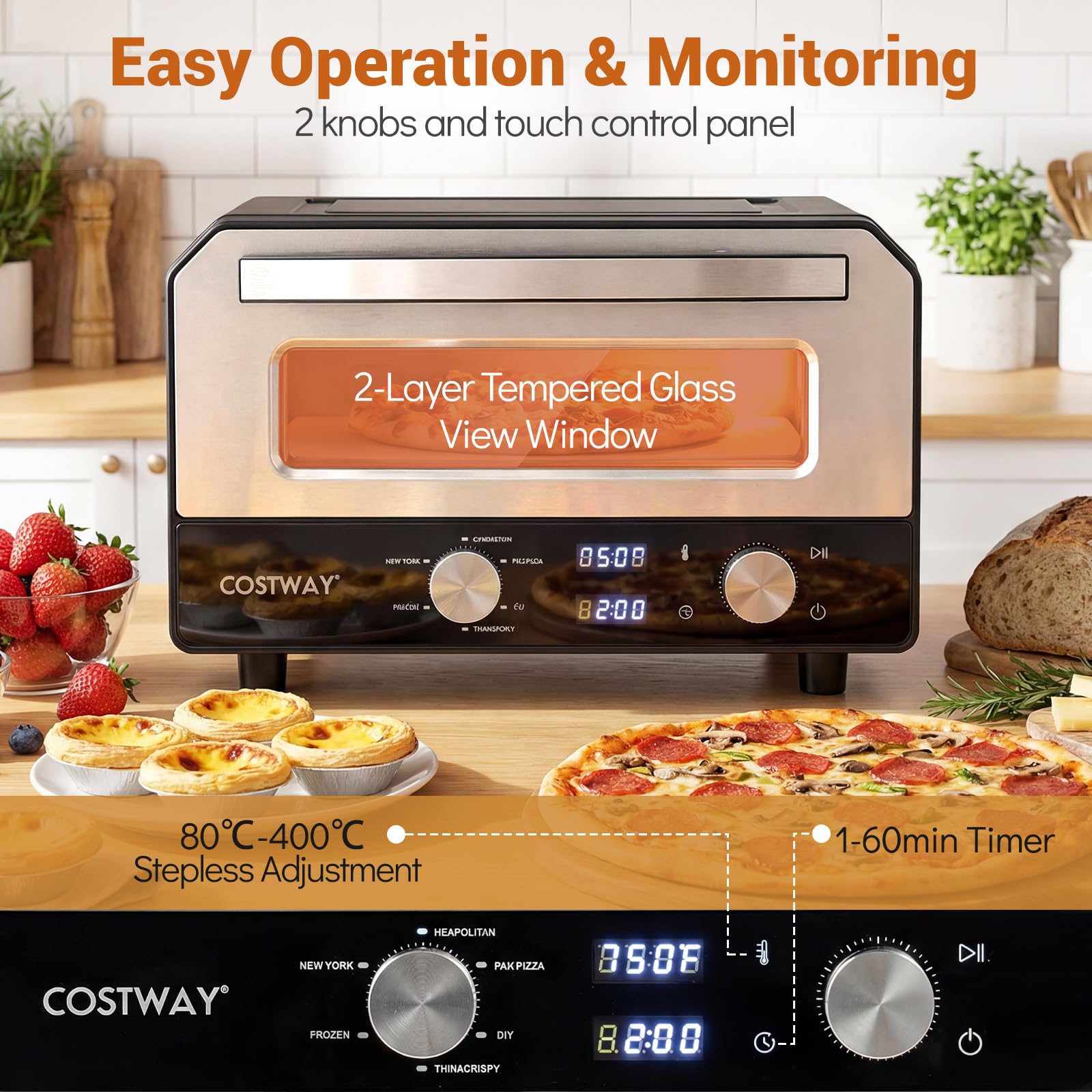 FANTASK Elektryczny piec do pizzy do 400°C, 6 programów, funkcja pieczenia 2 minuty, kamień do pizzy i koło krawieckie, urządzenie do pizzy wewnątrz