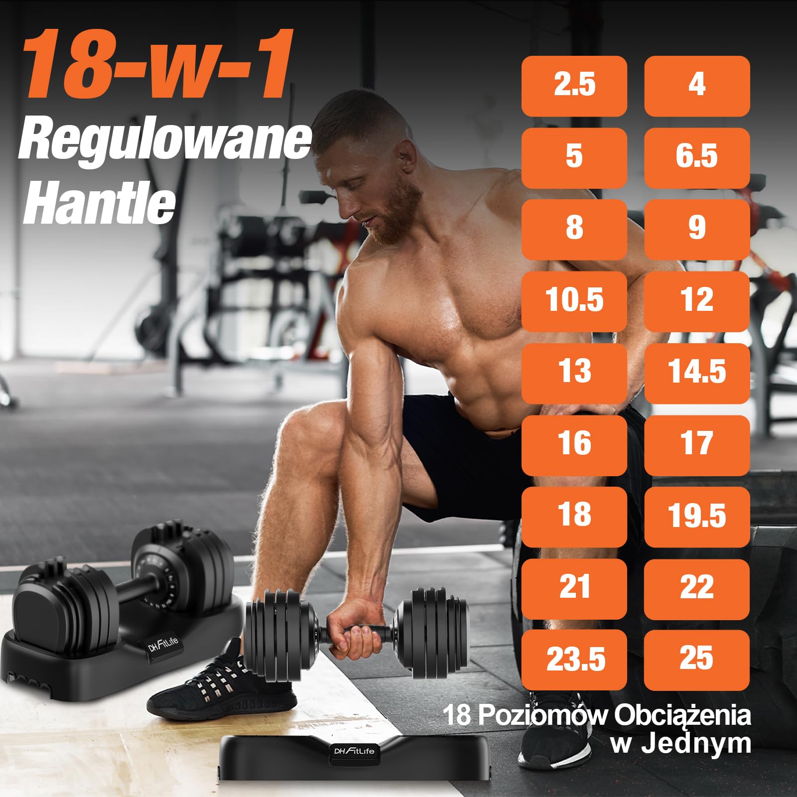 DH FitLife 2026 Nowy Zestaw Hantli – Regulowane Hantle Krótkie 2,5–25 kg z 18 Poziomami Wagi | Zestaw Hantli Krótkich z Obciążeniem | Dumbbell Set dla Mężczyzn i Kobiet