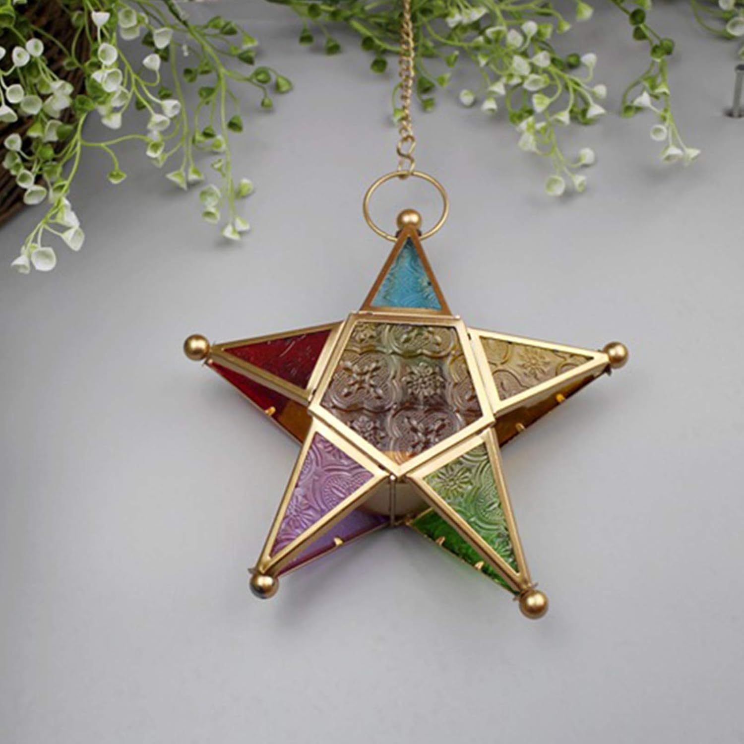 Hanging Candle Lantern, Moroccan Style Multicolor Glass Five-Pointed Star Shaped Tealight Holder for Wedding, Garden Yard, Home Decor (Gold)