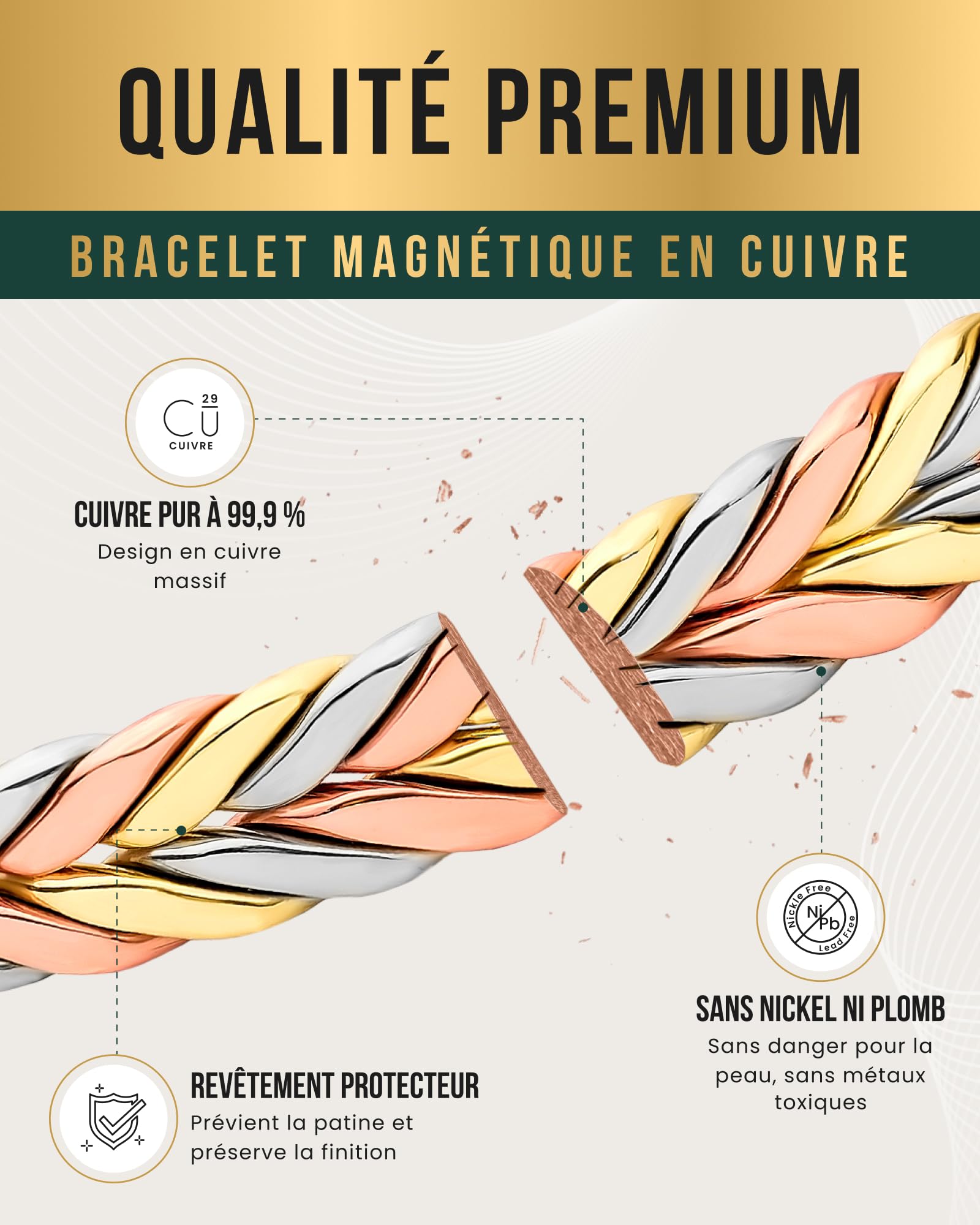 MagnetRX® Bracelet En Cuivre Tissé- 6 Aimants Puissant (3500 GAUSS Par Aimant) Bijou Aimanté En Cuivre - Manchette Réglable (Tri-color | M/L)