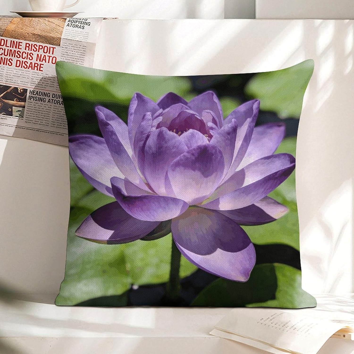 Purple Lotus Pillow Protectors Cute Waterproof Pillow Cover Soft Skin-Friendly Cushion Case Decorative Square Cushion Cover for Couch Sofa Bed Living Room Bedroom