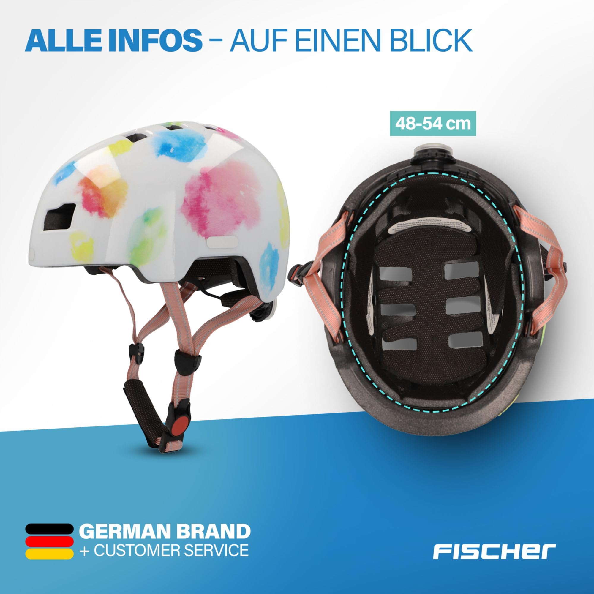 FISCHER BMX kask rowerowy, kask rowerowy Dirt Bike Plus Splash, XS/S, 48-54 cm, kolorowy, z wbudowanym tylnym światłem LED