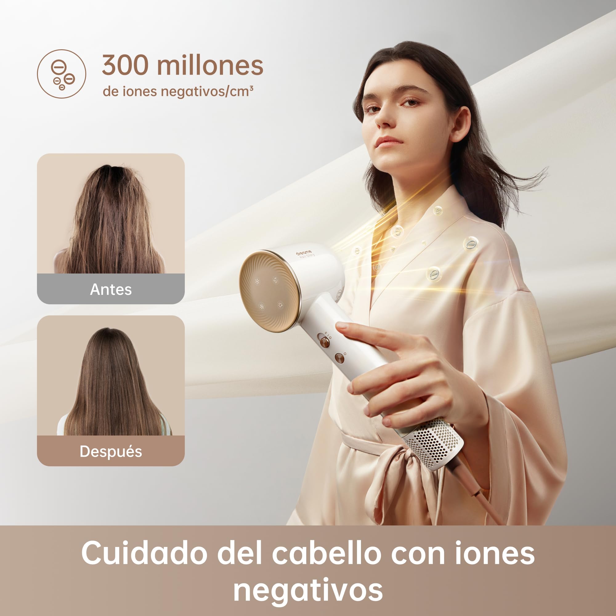 DREAME Hair Glory Combo Secador Pelo Ionico, Alta Velocidad 110.000 Rpm,Velocidad del Aire 70 m/s,300 Millones Iones Negativos,Control de Temperatura y Velocidad del Aire,Boquilla y Difusor,Ruido Bajo