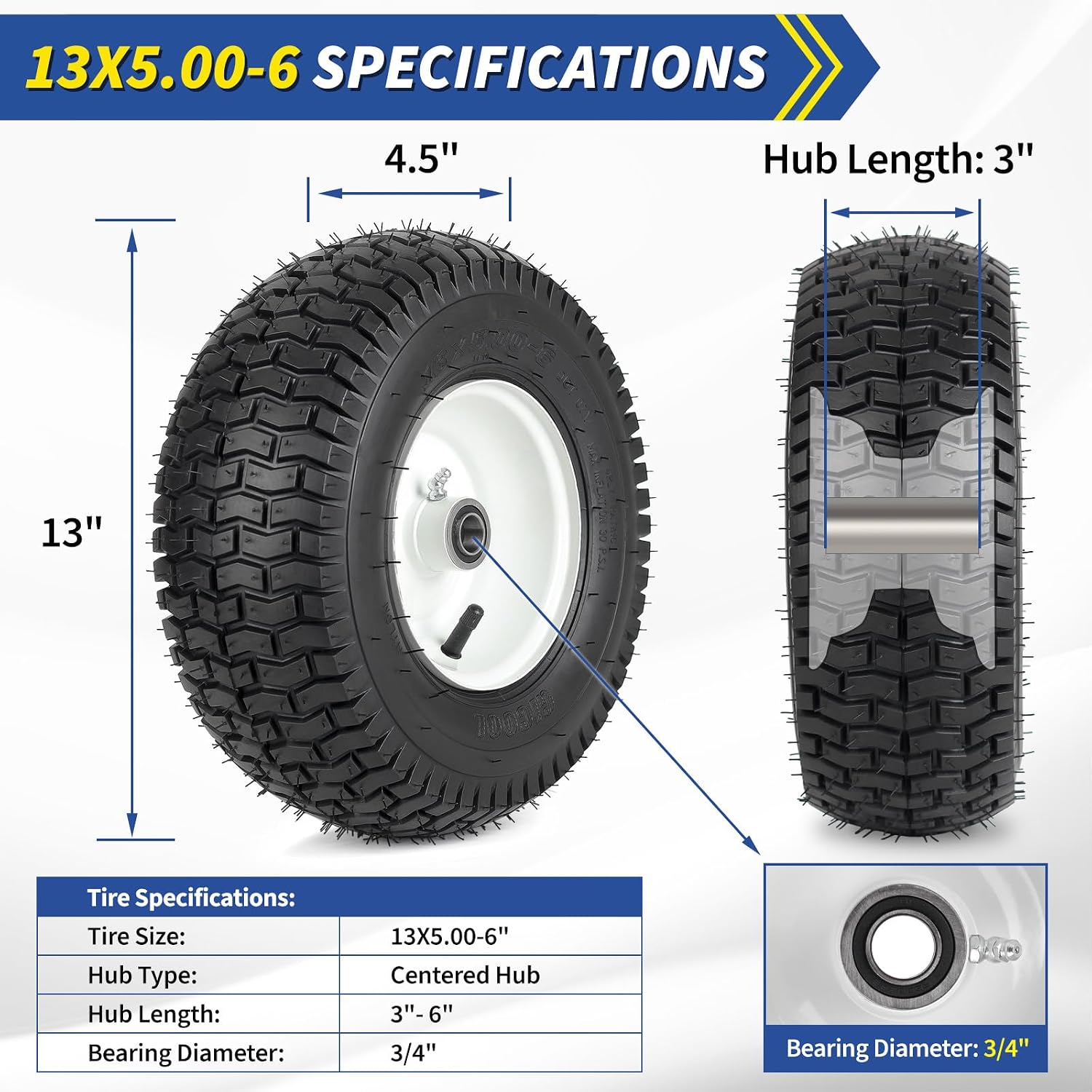 gicool 13x5.00-6 rubber lawn mower tire and wheel, 2 pcs replacement 13x5-6nhs riding mowers lawn pneumatic tire with bearing bore 3/4" & 5/8", 3" centered hub 13x5.00-6"