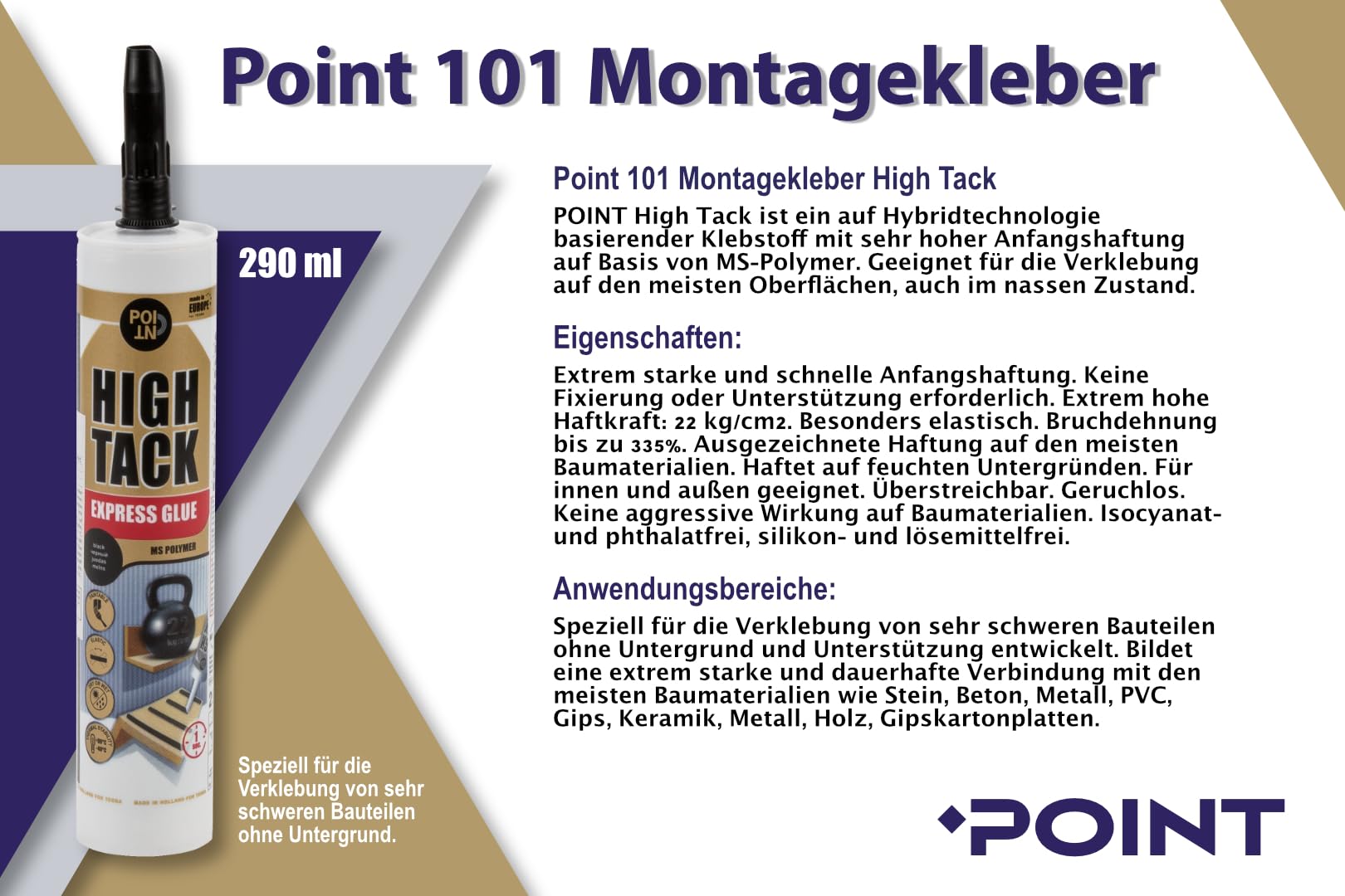 POINT Montagekleber HIGH TACK für sehr schwere Bauelemente Baukleber MS-Polymer Hybridkleber Innen- & Außenbereich wasserfest hohe Elastizität 290 ml (12 Kartuschen, schwarz)