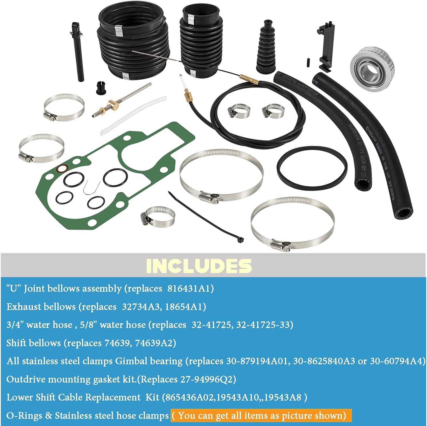 Transom Seal Repair Kit with Lower Shift Cable Replacement Kit 30-803097T1,865436A02 for Mercruiser R, MR, Alpha One Gen 1 1983-1990 sterndrives.