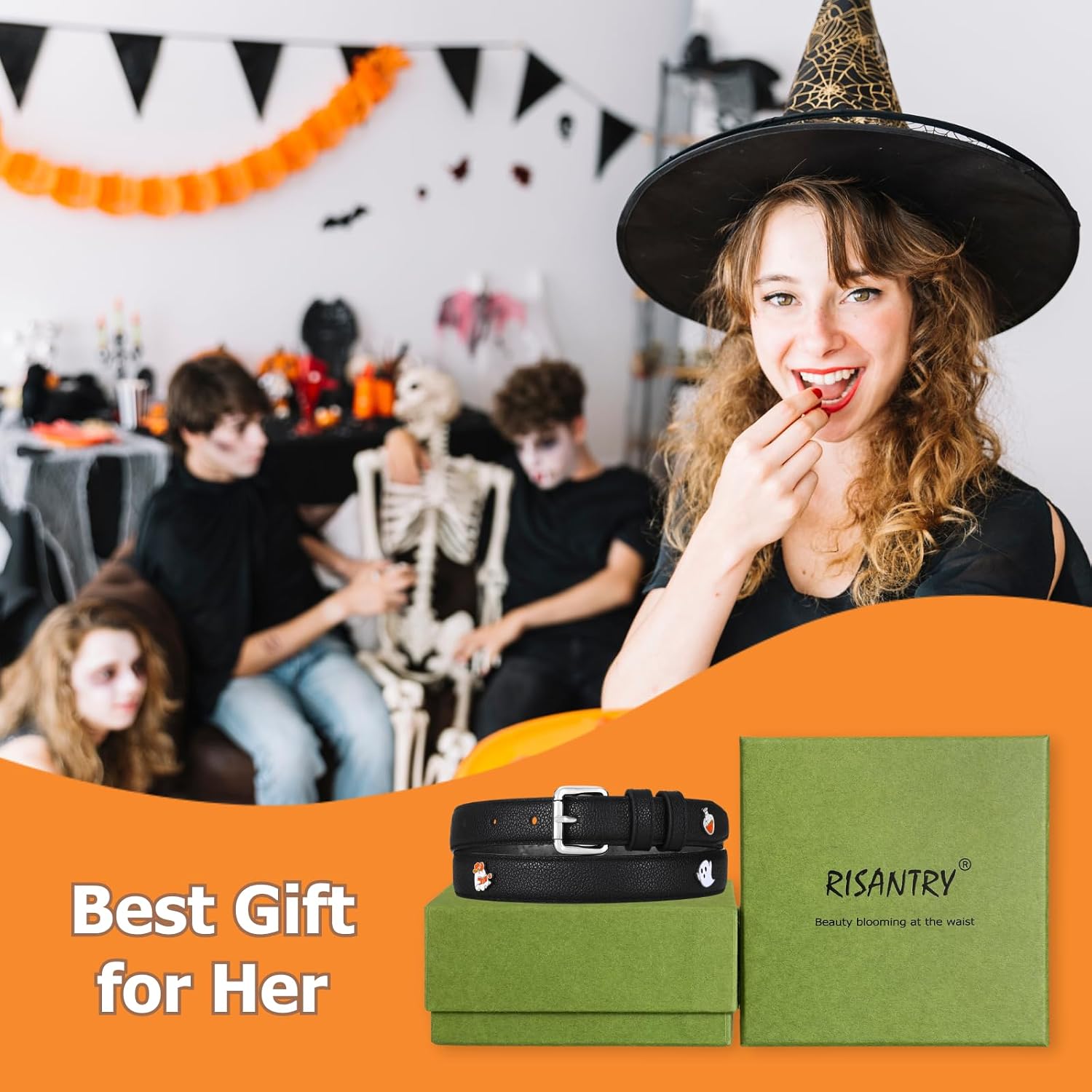RISANTRY Black Belt with Silver Buckle Christmas Accessories Gift Box Included Ideal Holiday Present Gift for Women