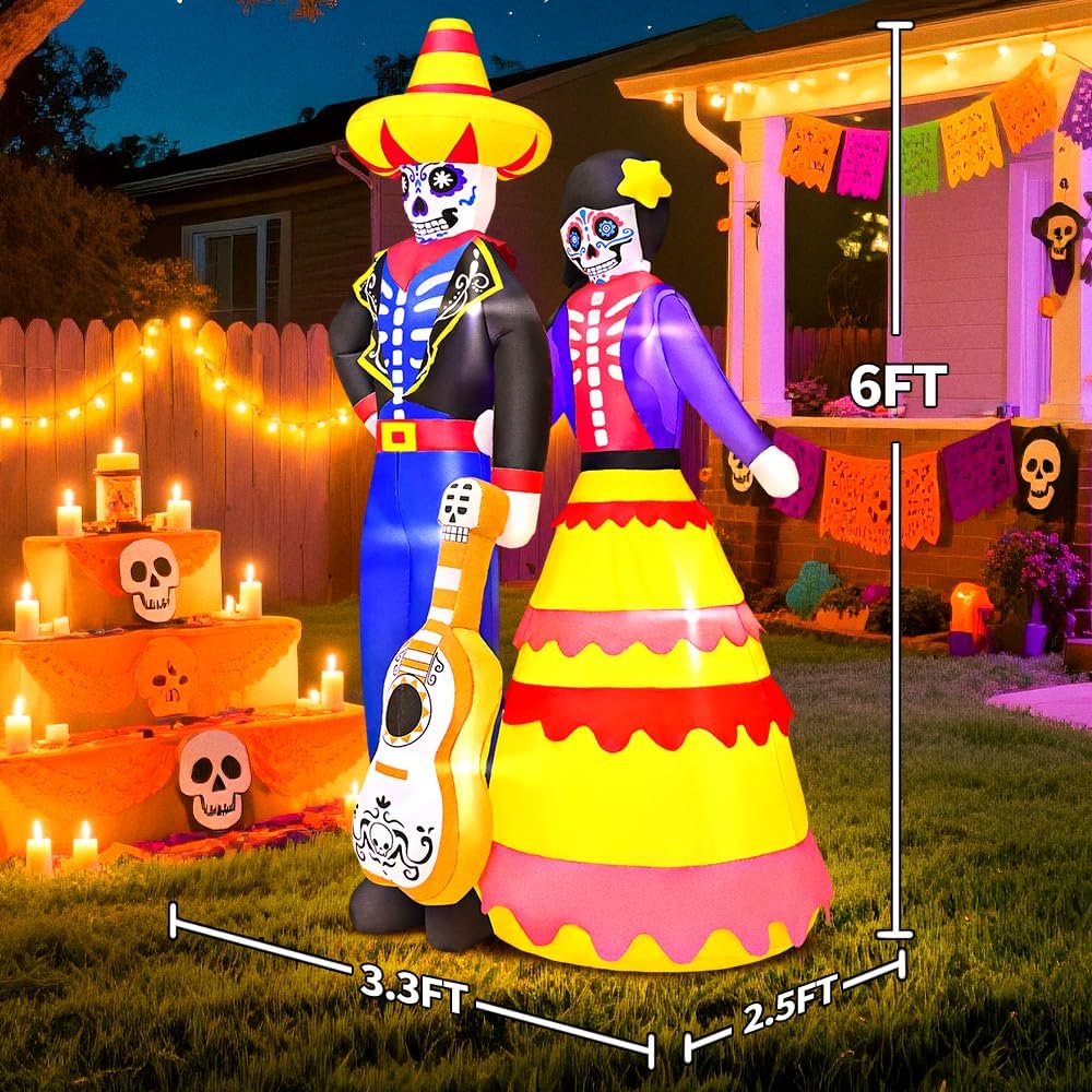6FT Halloween Inflatable Decoration, Dia de Los Muertos Ghost Couple of The Dead Decorations, Built in LED Lights for Halloween Party, Indoor, Outdoor, Garden, Yard Lawn Décor