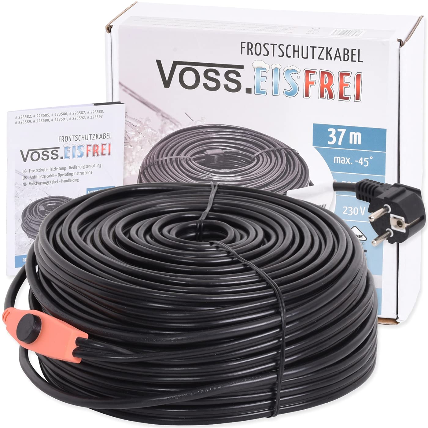 37m Frostschutz Heizkabel mit Knopf-Thermostat VOSS.eisfrei, 230V, Heizleitung Zum Schutz von Wasserleitungen und Weidetränken