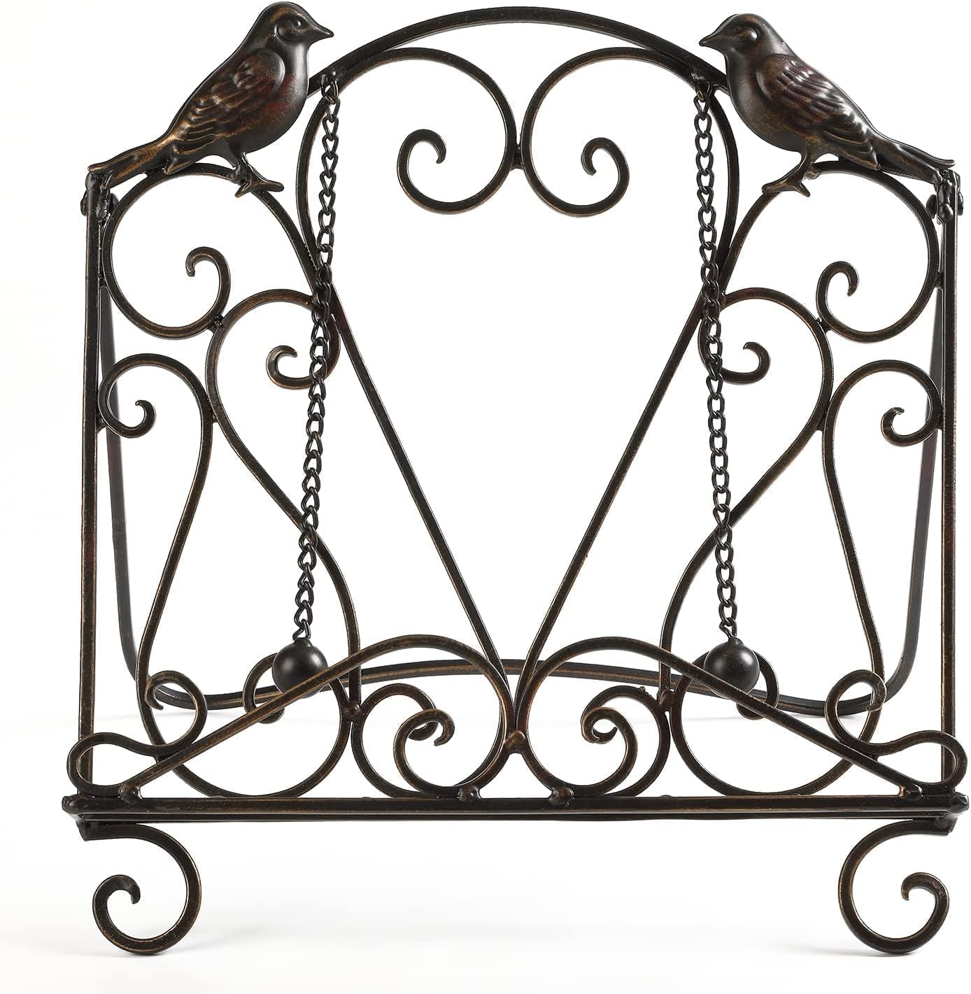 Metal Cookbook Stand Clearance Recipe Book Holder for Kitchen (Birds/Vintage Scrolls, Bronze)