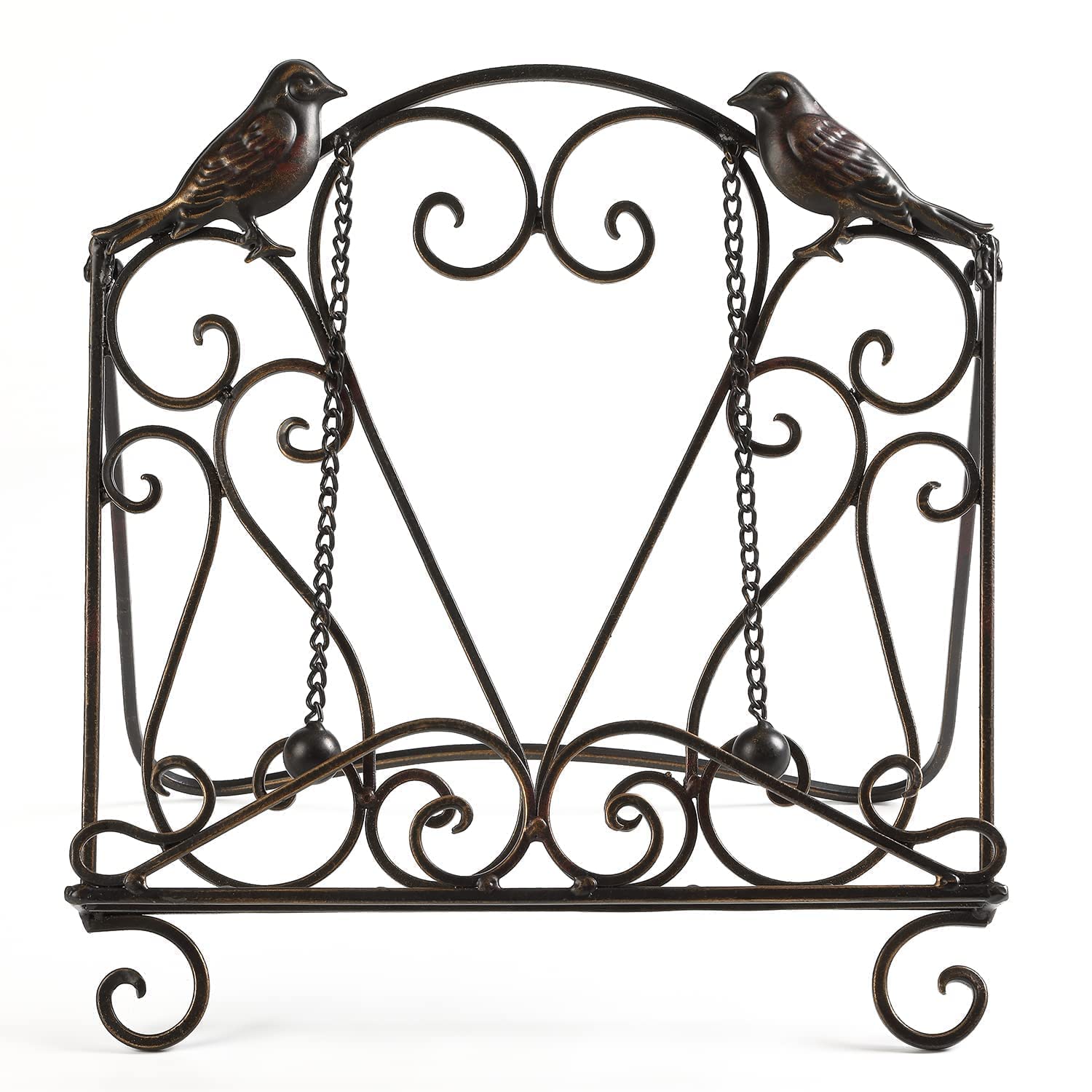 Metal Cookbook Stand Clearance Recipe Book Holder for Kitchen (Birds/Vintage Scrolls, Bronze)
