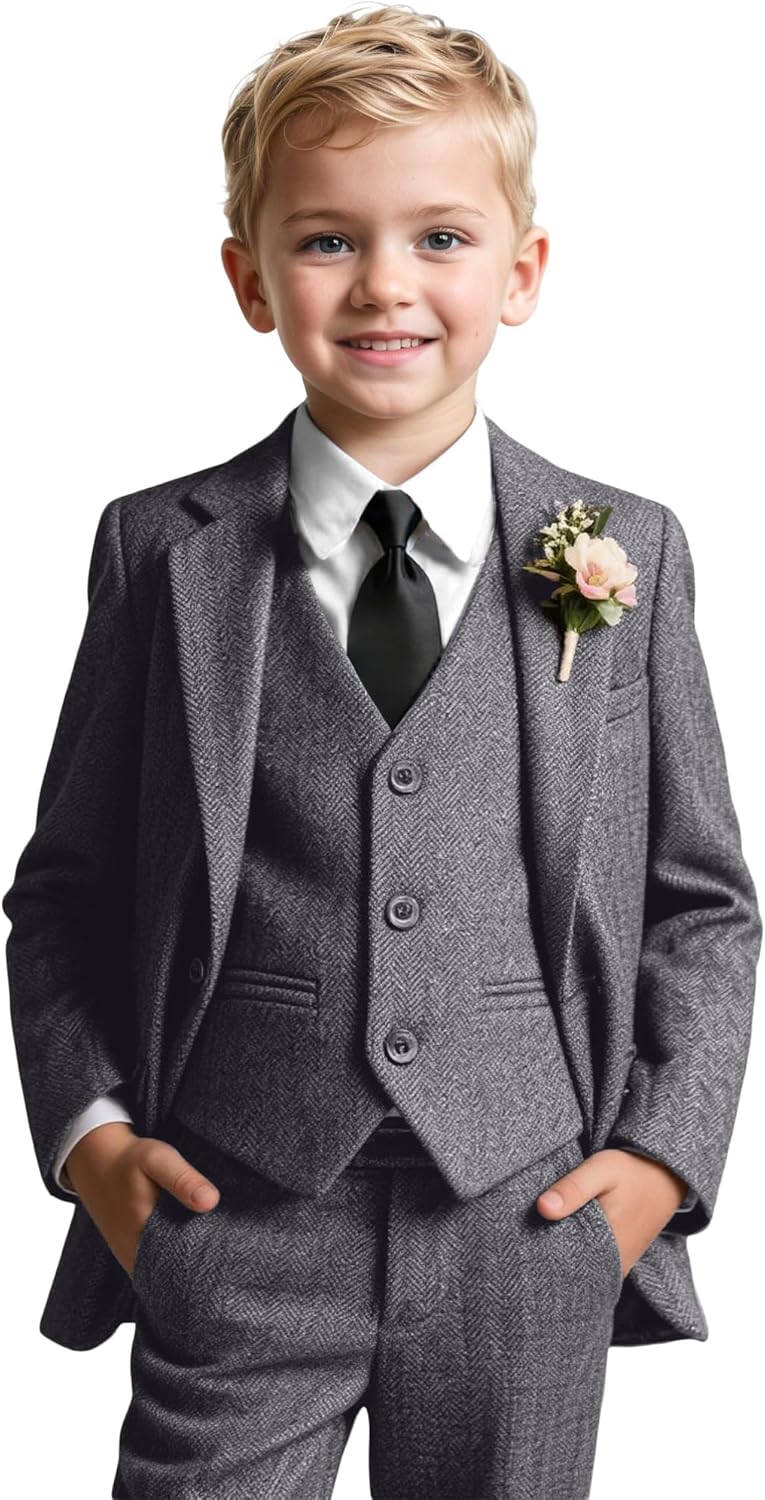 Suits for Boys Tweed Herringbone 5 Piece Toddler Kids Wedding Outfit Teen Boy Blazer Vest Pant Suit Tuxedo Set with Shirt Tie