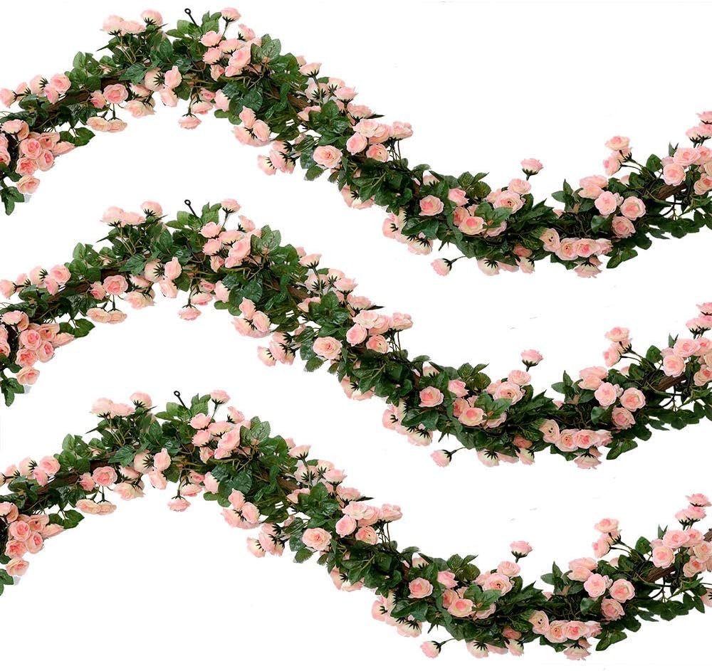 Veryhome 2Pcs 69 Heads 5.7FT Artificial Rose Vine Silk Fake Flowers Garland Plant Floral Ivy Decorations For Home Wedding Arrangement Party Garden Décor Pink