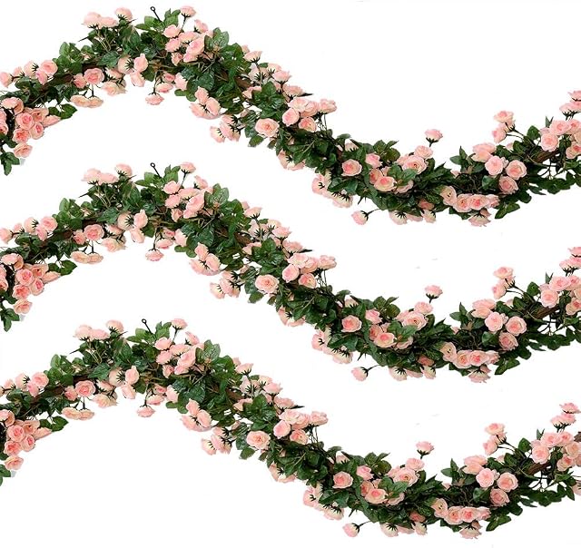 Veryhome 2Pcs 69 Heads 5.7FT Artificial Rose Vine Silk Fake Flowers Garland Plant Floral Ivy Decorations For Home Wedding Arrangement Party Garden Décor Pink