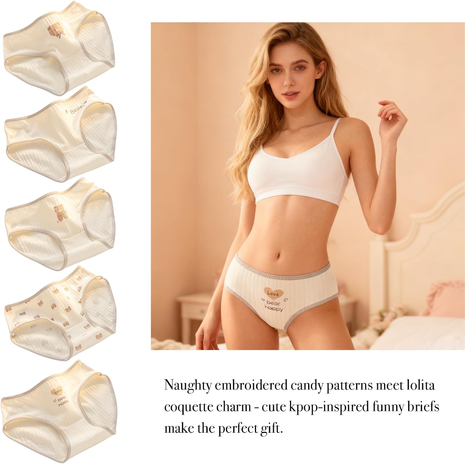 Cute Bear Cotton Womens Underwear for Women 5 Packs Ladies Panties Kawaii Heart-Print Animal