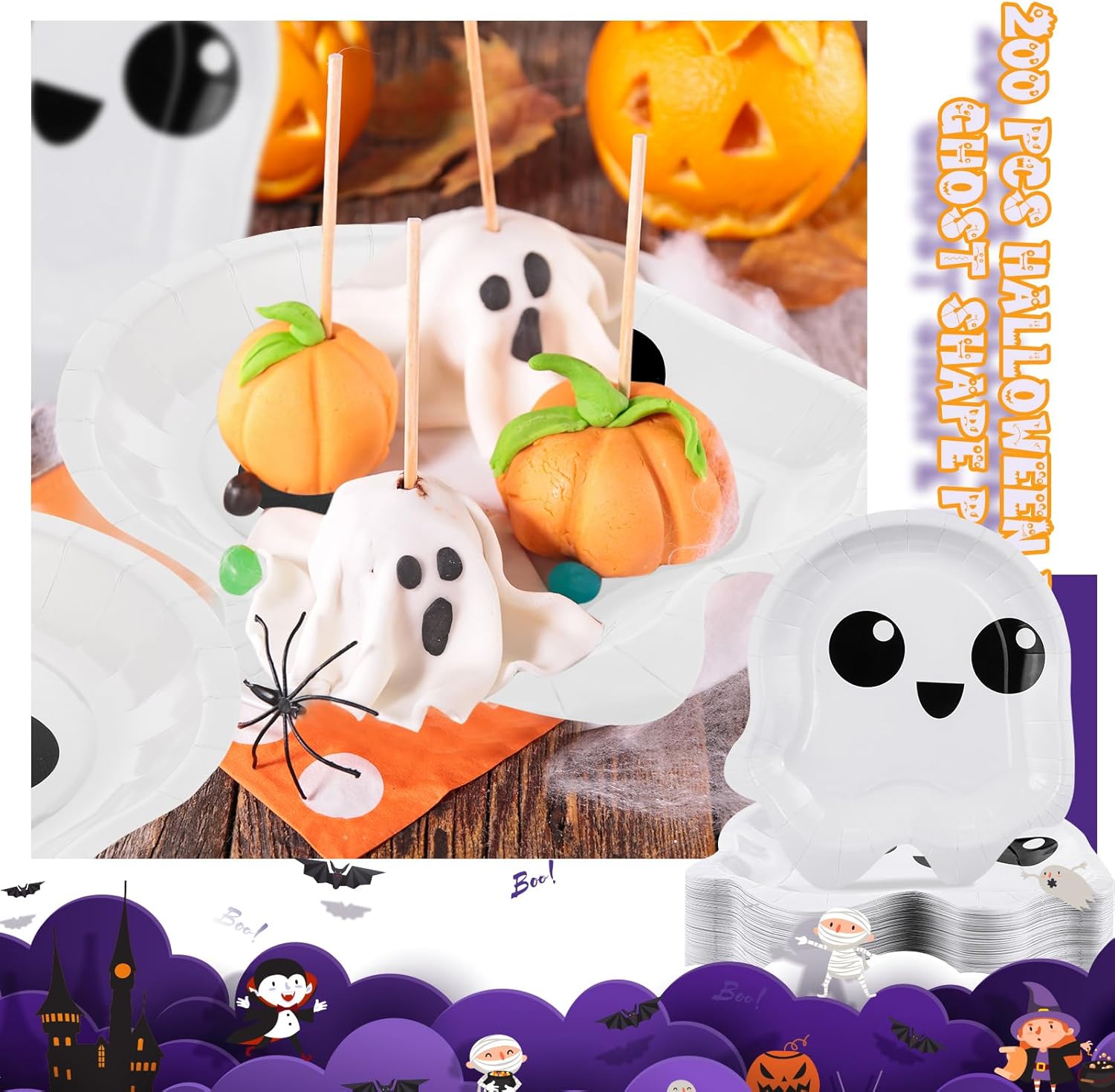 Roshtia 200 Pcs 9 Inch Halloween Paper Plates Ghost Shape Disposable Plate Spooky Ghost Plates Dessert Plate Halloween Platter for Party