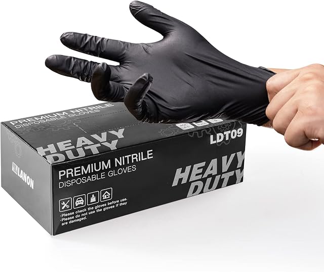 LANON 6 mil Black Nitrile Disposable Gloves, Heavy-duty, Food Grade, Powder-free, Textured Fingertips, Latex-free, EN 374, Large