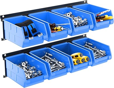 TORACK Wall-Mounted Storage Bins, 8 Plastic Bins & 2 Tracks, Blue | Wall Plastic Bin for Tools Organization in Garage, Craft Room, and Shop, Small Parts Bins for Bolt, Screw, Hardware