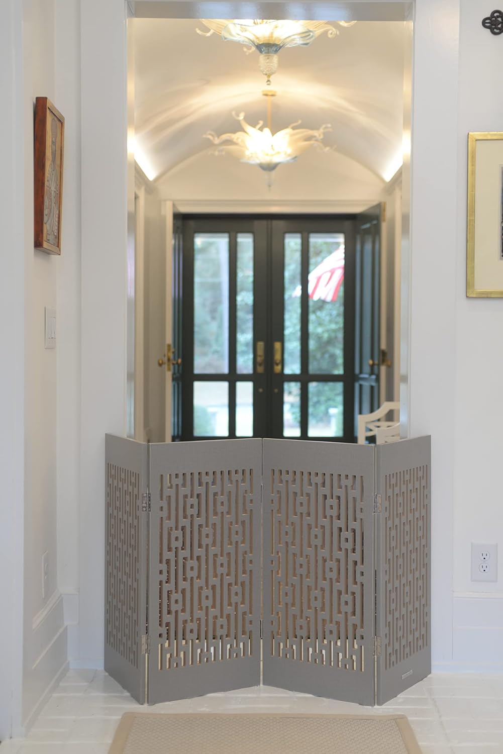 Cardinal Gates Decorative Wooden Freestanding Pet Gate - 4 Panel 15" W x 30" H - Expandable Indoor Barrier for Small/Medium Pets - Portable Puppy Gate - Great for Hallways and Doors - Geometric Gray