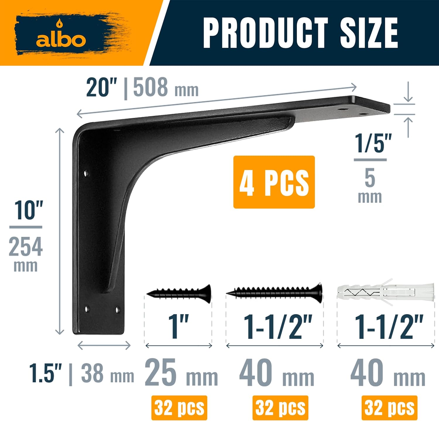 ALBO 20" Heavy Duty Countertop Support Brackets 4PCS, 400 lb 5 mm Steel – Hidden Floating Shelf Corbel | Matte Black Powder-Coated L Brackets Incl Screws & Anchors for Quartz Granite Wood Concrete