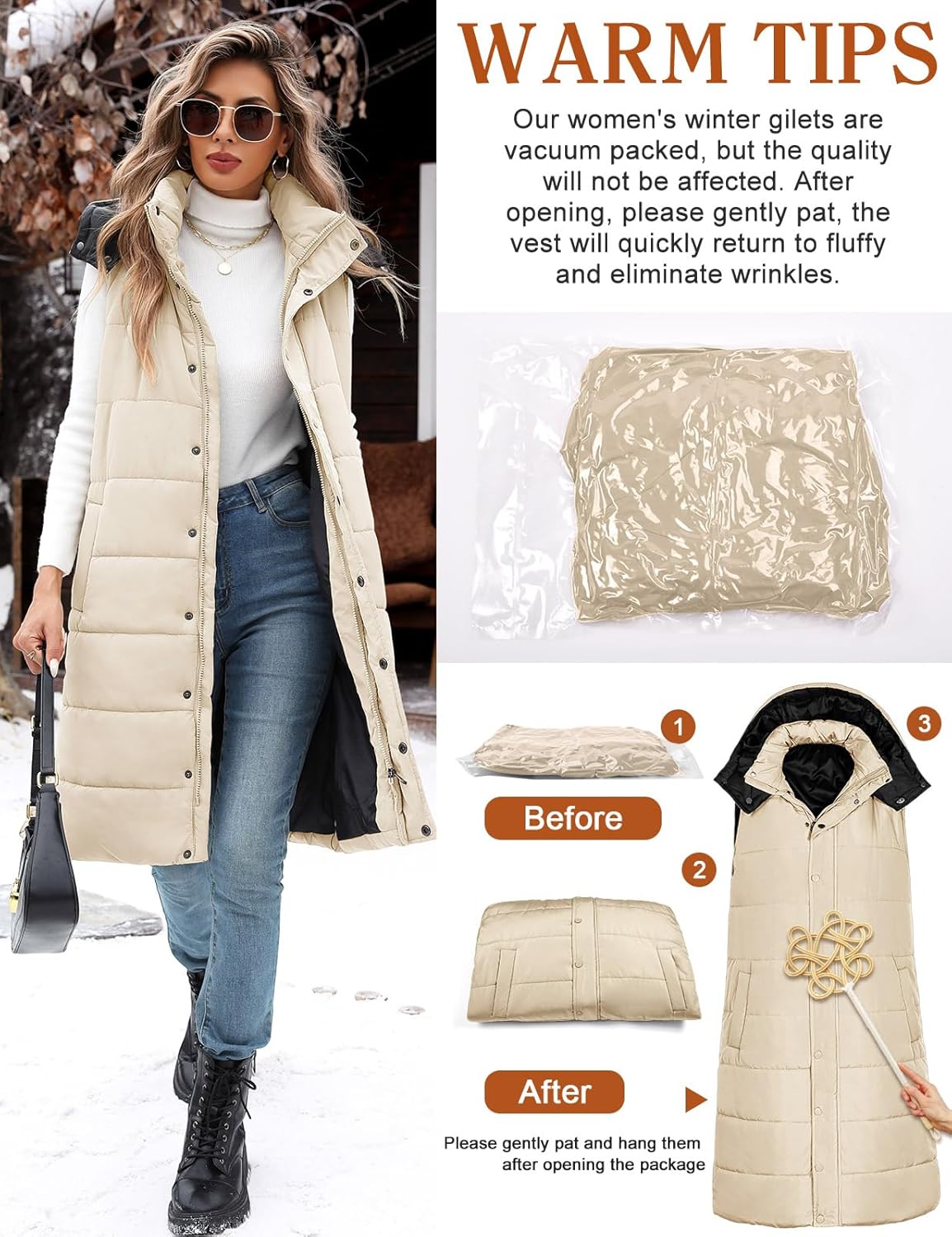 Women's Long Puffer Vest Sleeveless Jacket Fall Winter Zip Up Coat with Removable Hood Quilted Casual Warm Gilet - Image 5