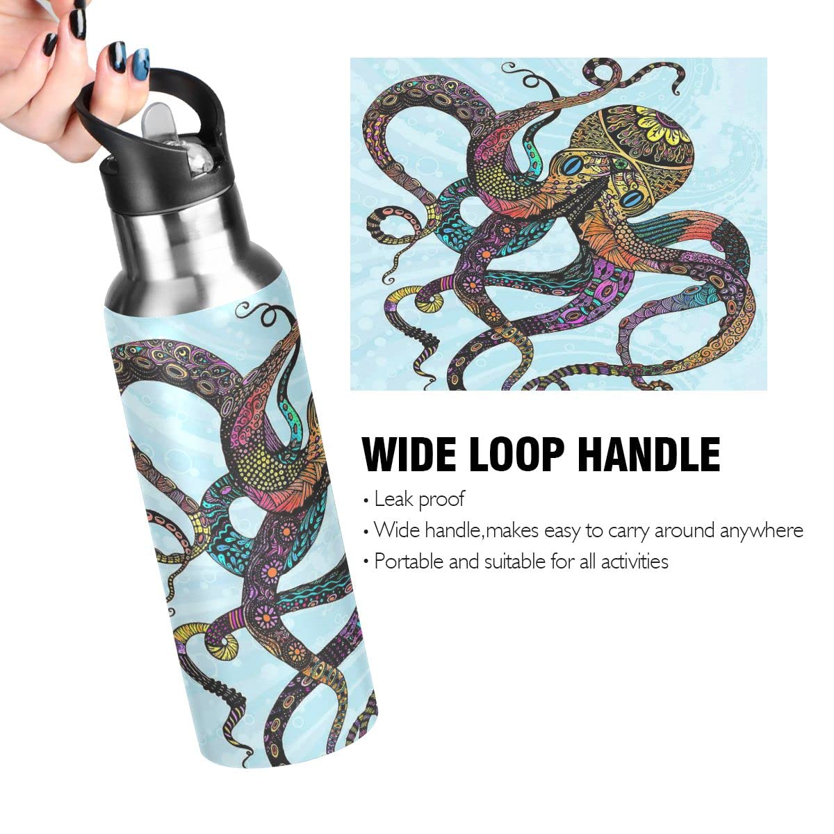 Edelstahl Wasserflasche mit Strohhalm, Octopus isolierte Trinkflasche Sport Wasserflasche für Kinder Erwachsene, auslaufsicher, 1L