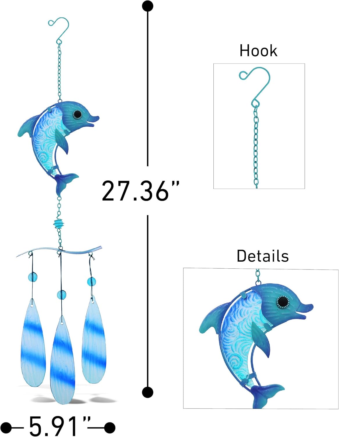CoTa Global Blue Dolphin Hanging Sea Glass Wind Chime 27.36 Inch, Nautical Glass Windchime Outdoor Decor for a Harmonic Porch, Patio & Garden, Unique Beach Art Indoor Wind Chime Window Mobile