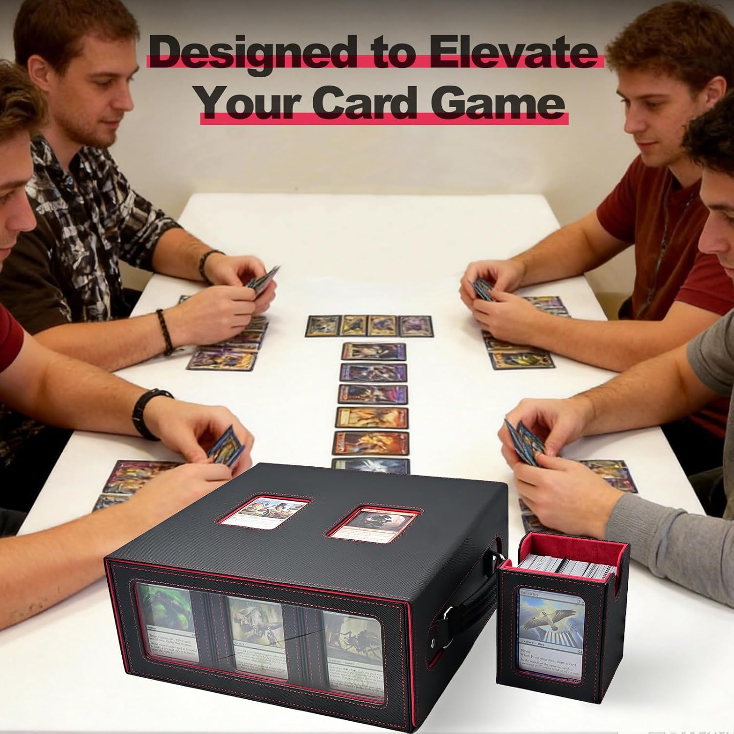 7-in-1 Trading Card Storage Box with Handle, MTG TCG Deck Box with Commander Display Fits 1300+ Sleeved Cards - Includes 6 Toploaders, 3 Stoppers, 16 Colorful Dividers & Dice Box (Black Red)