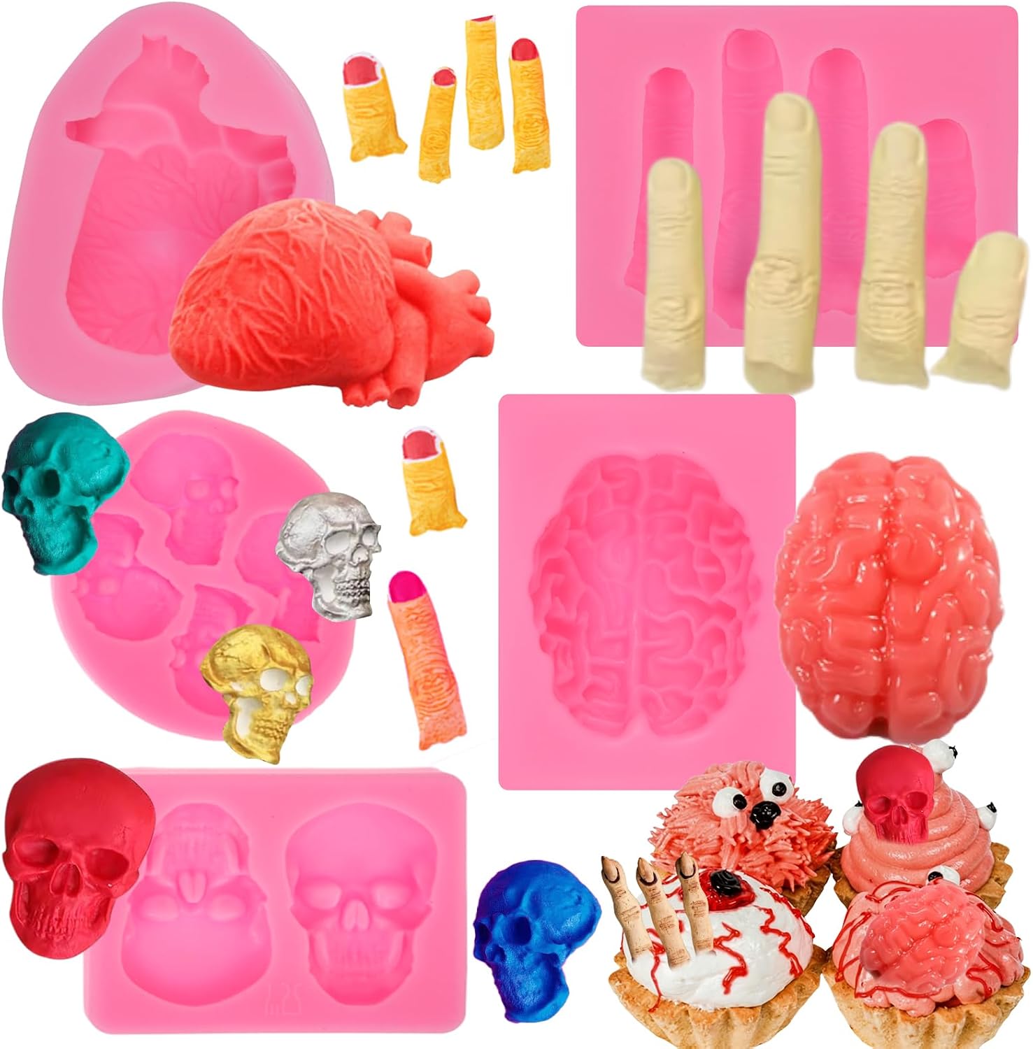 5 PCS Halloween Fondant Cake Decorating Molds, Brain Heart Skull Broken Finger Shapes for Fondant Cupcake Chocolate Candy Pudding, DIY Resin Clay Thanksgiving Baking Decor Silicone