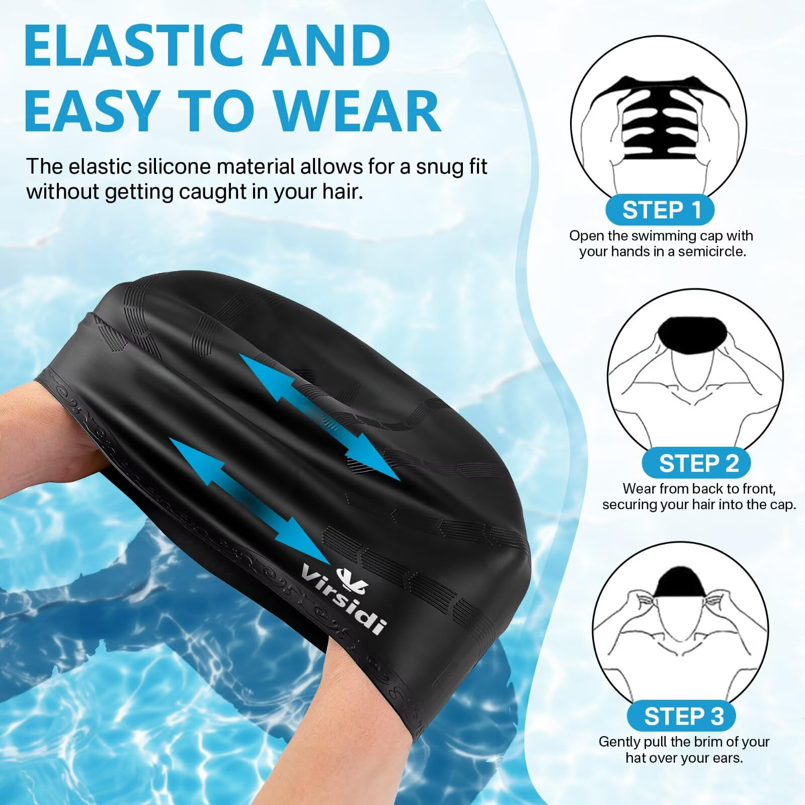 Gorro de natación para cabello largo, gorro de natación de silicona para adultos, mujeres y hombres con protección 3D para los oídos, impermeable, grande, gorros de baño para mantener el