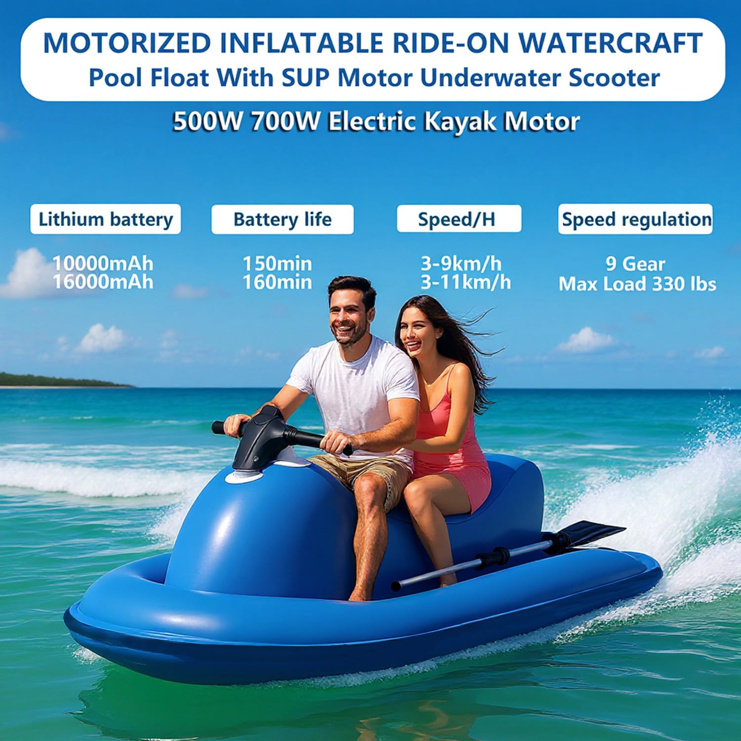 Moto acuática inflable de verano con scooter submarino (motor de 700 W, batería extraíble), bote inflable eléctrica de 150 kg para adultos, con bolsa de almacenamiento para propulsor,500W16A