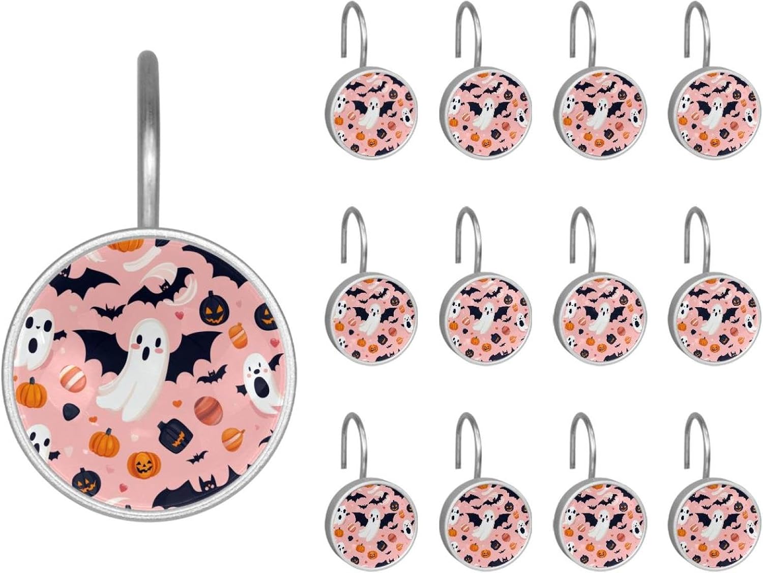 Set of 12 Shower Curtain Hooks, Shower Curtain Rings Crystal Glass Decorative Bathroom Hook, Halloween Bats Candies Pumpkins