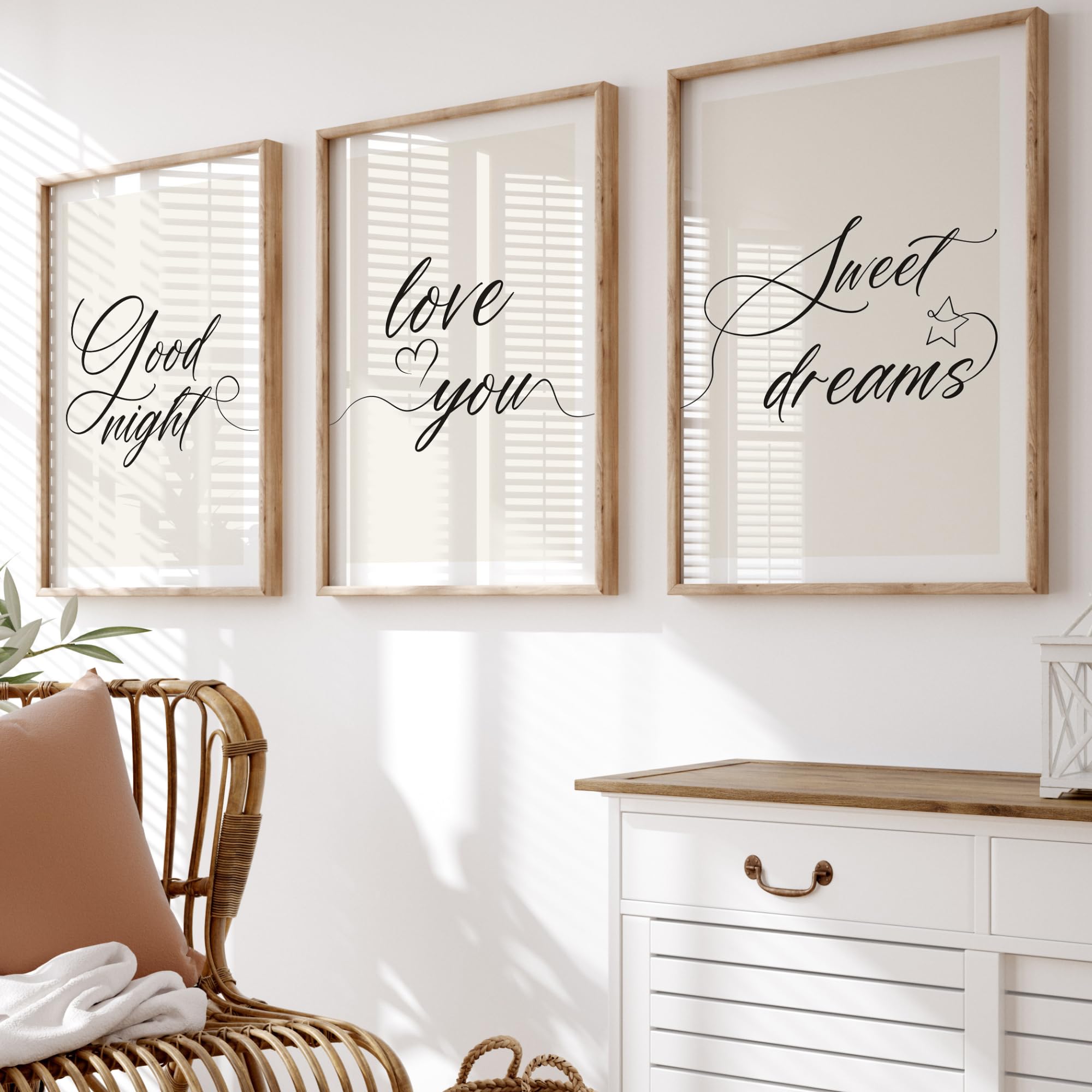 BlissPrintStudios Set of 3 Good Night Love You Sweet Dreams Wall Art Prints – A3 Minimalist Nursery & Bedroom Script Gallery Wall Set – 250gsm Premium Paper – Unframed
